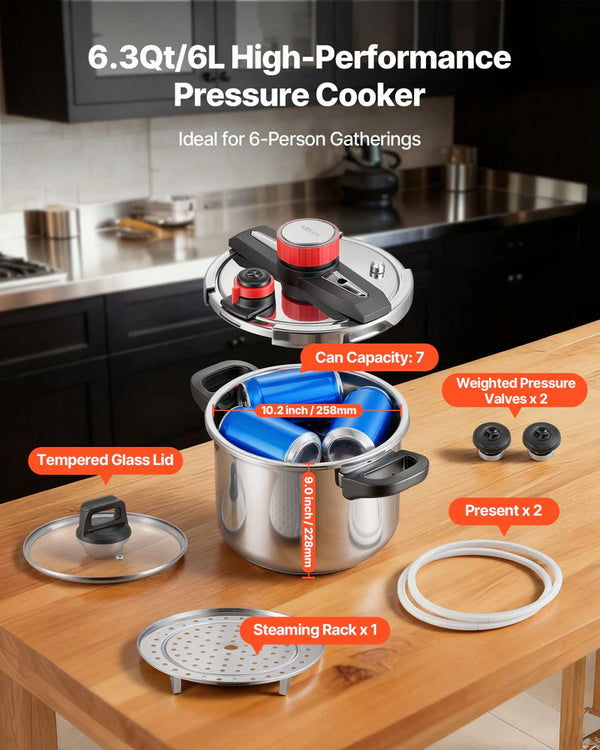 Pressure Cooker, 6.3Qt Pressure Cooker Stainless Steel, Pressures Canner With Steaming Rack, Tempered Glass Lid, Three Pressures Settings For Meat, Beans, Rice, Soup, Sauces, Cook Up To 100 KPa