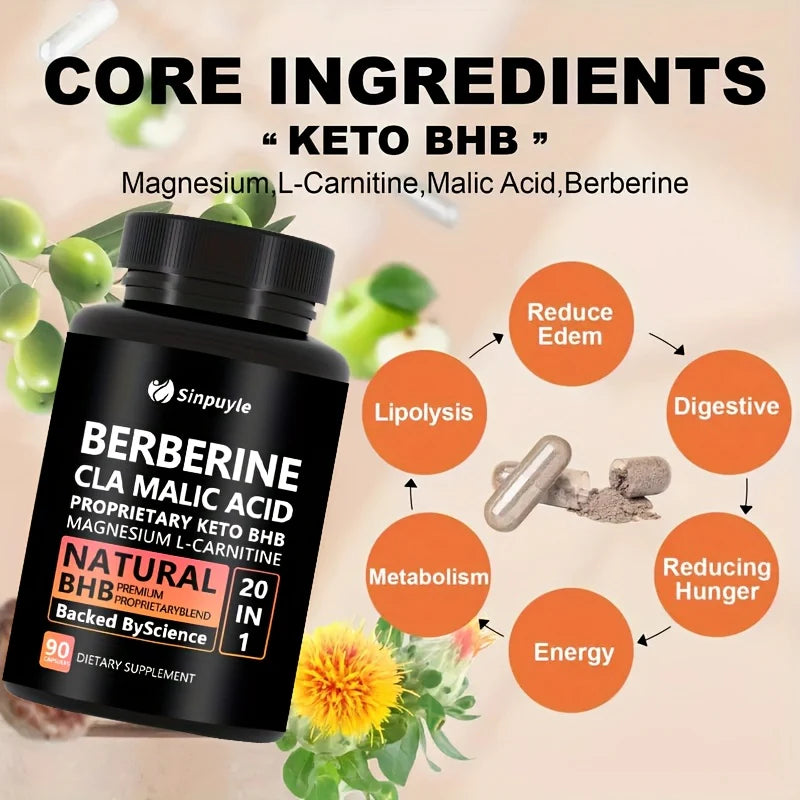 Berberine 20 In 1 Keto BHB Supplement - CLA, Malic Acid & L-Carnitine For Metabolism & Energy Support, 90 Capsules