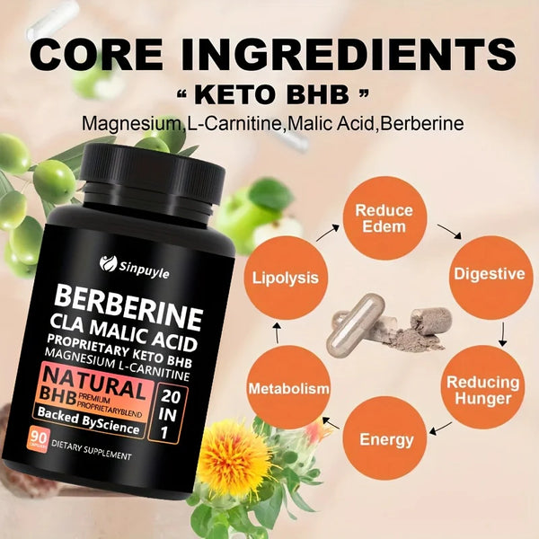 Berberine 20 In 1 Keto BHB Supplement - CLA, Malic Acid & L-Carnitine For Metabolism & Energy Support, 90 Capsules