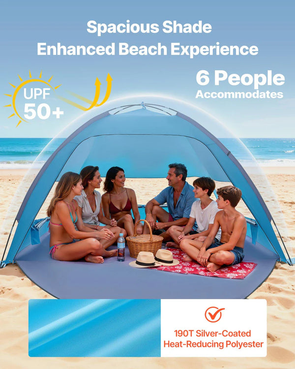 Beach Tent Sun Shelter For 6 Person, UPF 50+ Protection