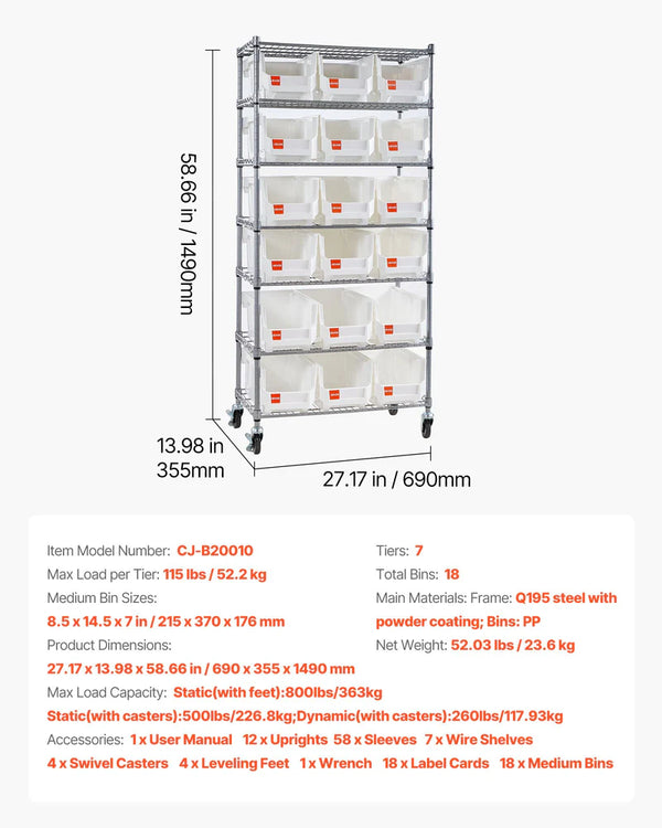 7-Tier Rolling Bin Storage Rack, 18 Organizer Bins, Bin Rack Storage Steel Wire Shelving System With Wheels, Mobile Tool Organizer For Garage, Warehouse, Office, Restaurant, Classroom, Kitchen