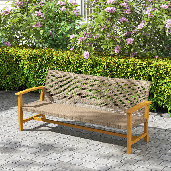3-Seat Wicker Outdoor Couch Patio Sofa, Acacia Wood Patio Furniture with Steel Seat Armrests, 1000 LBS Capacity, Teak